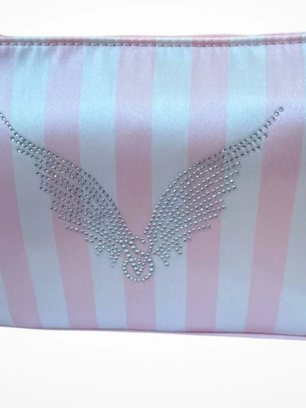 Pink & White Striped Cosmetic Pouch with Crystal Wing Accent